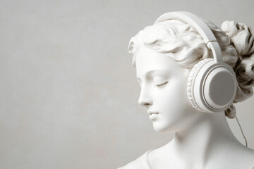 Antique sculpture of a woman in headphonesstatue of a female with headphones in grey background/banner
