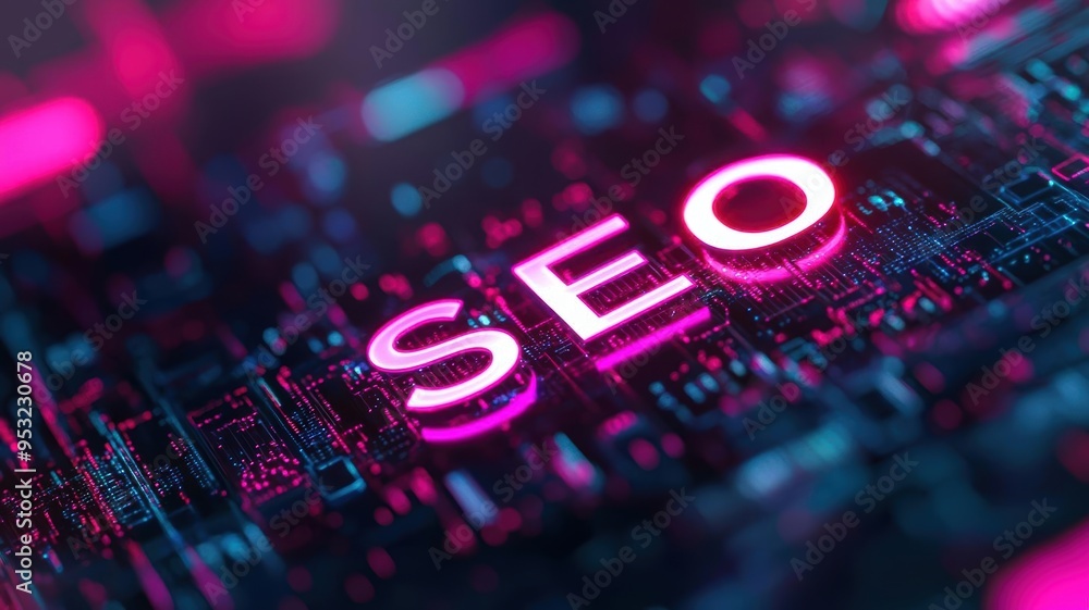 Poster vibrant neon seo text on a digital circuit background, symbolizing the importance of search engine o