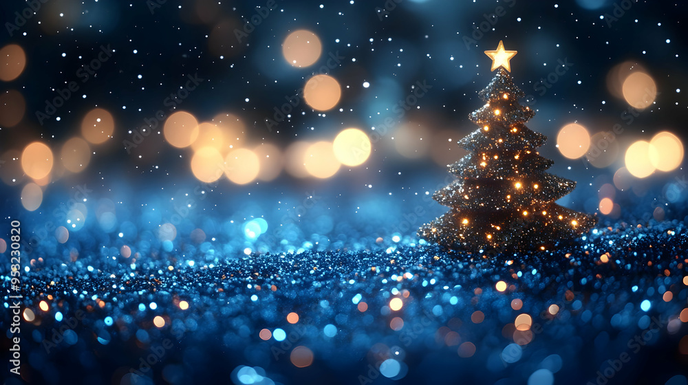 Wall mural A sparkling Christmas tree with lights on a blue glitter background with bokeh lights.