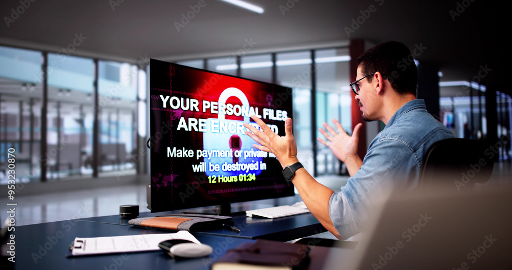 Poster ransomware cyber attack showing personal files encrypted
