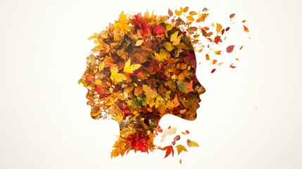 Artistic profile silhouette filled with autumn leaves on a white background, symbolizing nature, creativity, and seasonal change.