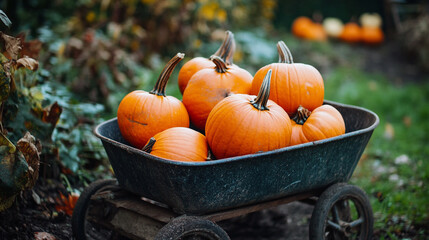 A rustic wheelbarrow filled with vibrant orange pumpkins in a lush garden during autumn harvest season