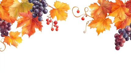 Autumn-themed border with colorful leaves and grapes on a white background. Perfect for seasonal designs and invitations.