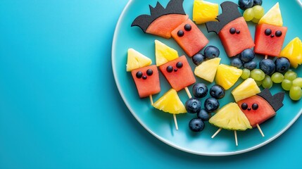 Obraz premium Fun Halloween fruit skewers with spooky bat and ghost faces