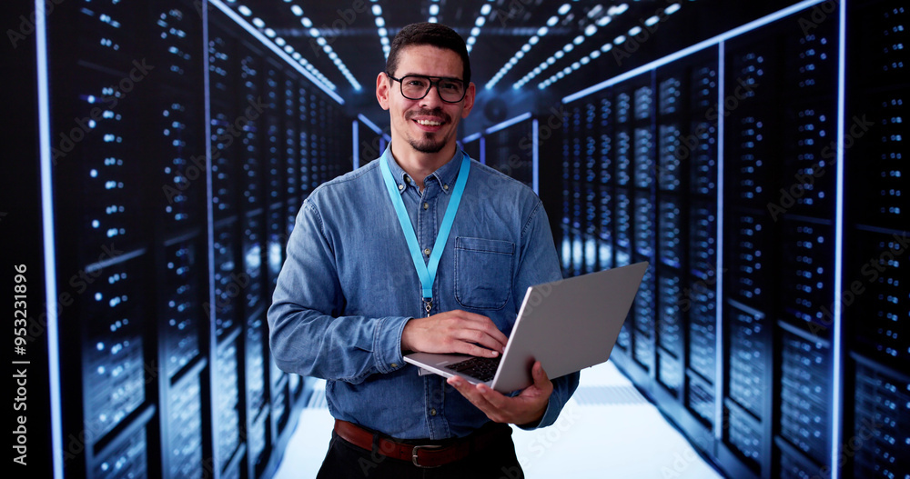 Poster happy engineer in data center server room configuring ai