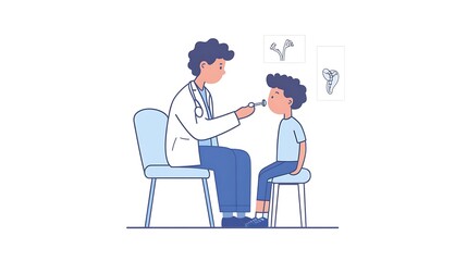 Pediatric Check-up: Funny Cartoon Doctor Examining Child's Ear with Otoscope - Simple Line Art Illustration on White Background