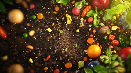 Bright and colorful fresh fruits and vegetables scattered on a dark soil background, representing organic farming and healthy eating.