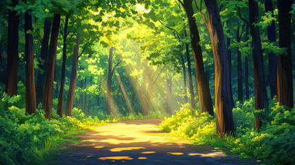 sunlight illuminates serene forest path 2d cartoon illustration. towering trees, lush undergrowth flat image colorful scenery horizontal. woodland trail wallpaper background