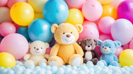 colorful balloon background with stuffed animals, ideal for parties or events, high quality photo