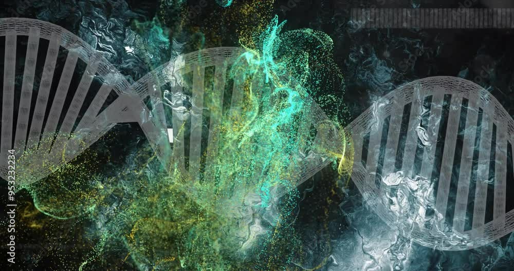 Poster dna strand and molecular structure animation over abstract background