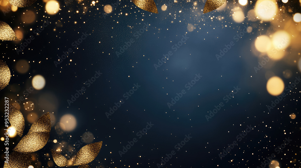 Wall mural a navy blue background with golden particles features an abstract design. gold foil texture sparkles