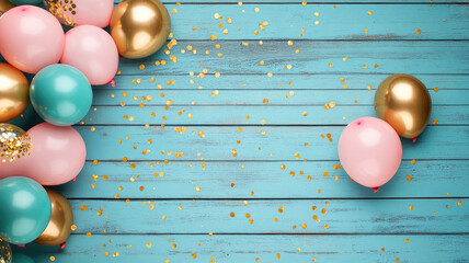 Obraz premium festive pastel pink, teal and gold balloons against a rustic blue wooden background, sprinkled with golden confetti. party decorations for father's day banner, birthdays,