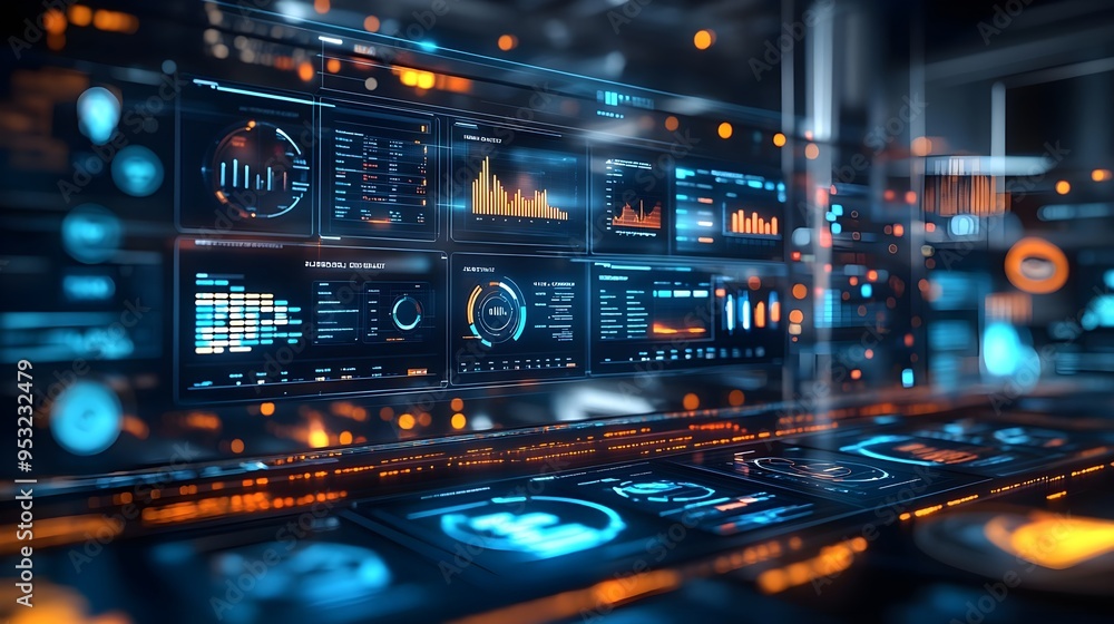 Aufkleber futuristic tech interface with data visualization and blue lights