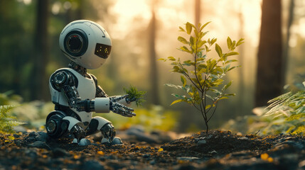 Robot Planting Tree in Forest - Technology and Nature Harmony, AI Robotics, Green Future
