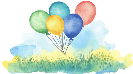 Obraz premium a cluster of balloons ascending above a blue-green-yellow watercolor landscape of grass, high quality image