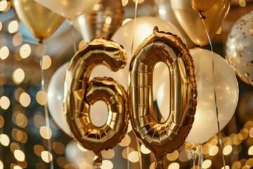 Golden 60th birthday celebration balloons with festive lights in the background.	
