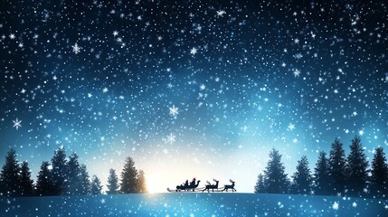 Naklejka premium Santa's sleigh glides across a snowy landscape with reindeer under a starry night sky, surrounded by pine trees and falling snowflakes.