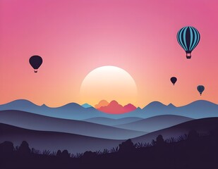 Fototapeta premium Colorful hot air balloons soaring over a stunning landscape at sunset in a picturesque valley