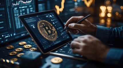 Digital Cryptocurrency Analysis and Trading on Touchscreen Tablet with Bitcoin Symbol