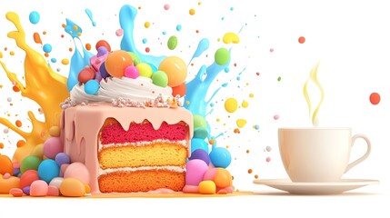 Vibrant birthday cake with colorful splashes, festive icing, and a cup of coffee. Perfect for celebrations and lively occasions.