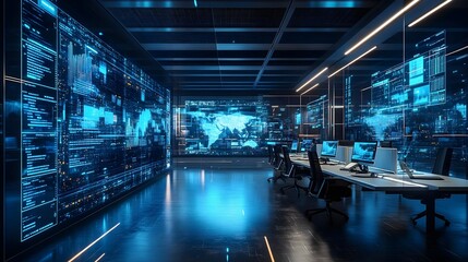 Fototapeta premium Futuristic Tech Office Interior with Blue Data Screens