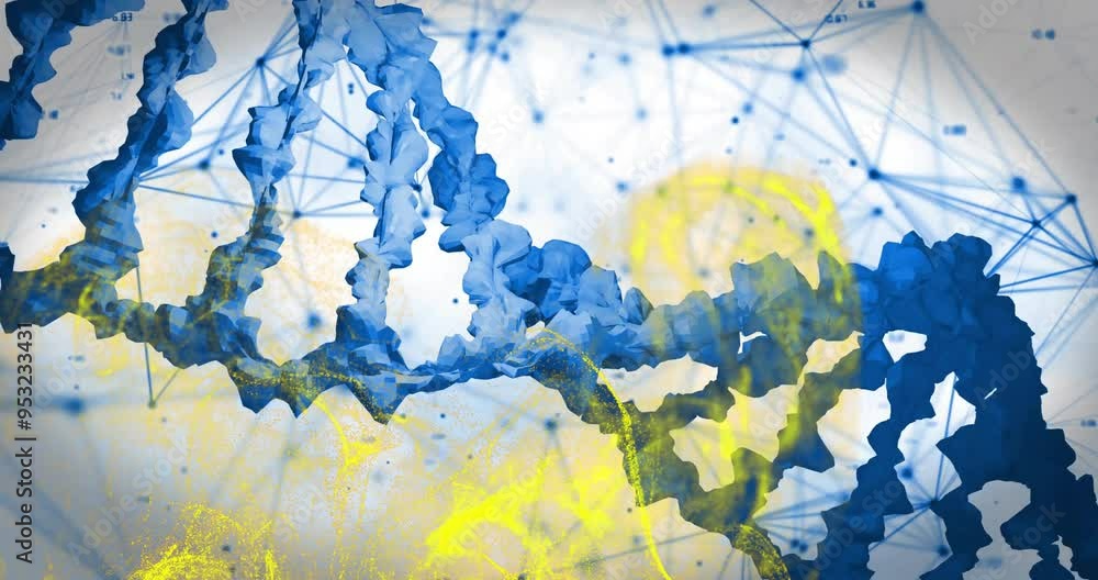 Poster dna strand and network connections animation over abstract background