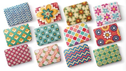 Assortment of blank gift cards with various designs, patterns, and colors, laid out on a white background, waiting for personalized messages and greetings.