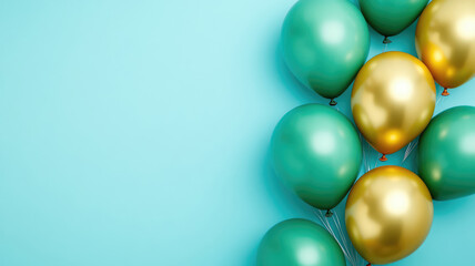 green and gold balloons on blue background, extremely detailed image
