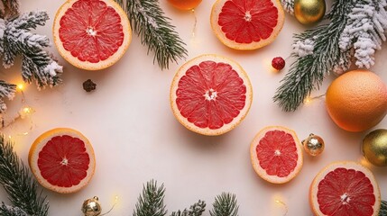 Festive Grapefruit Arrangement with Snowy Pine Branches and Holiday Decorations