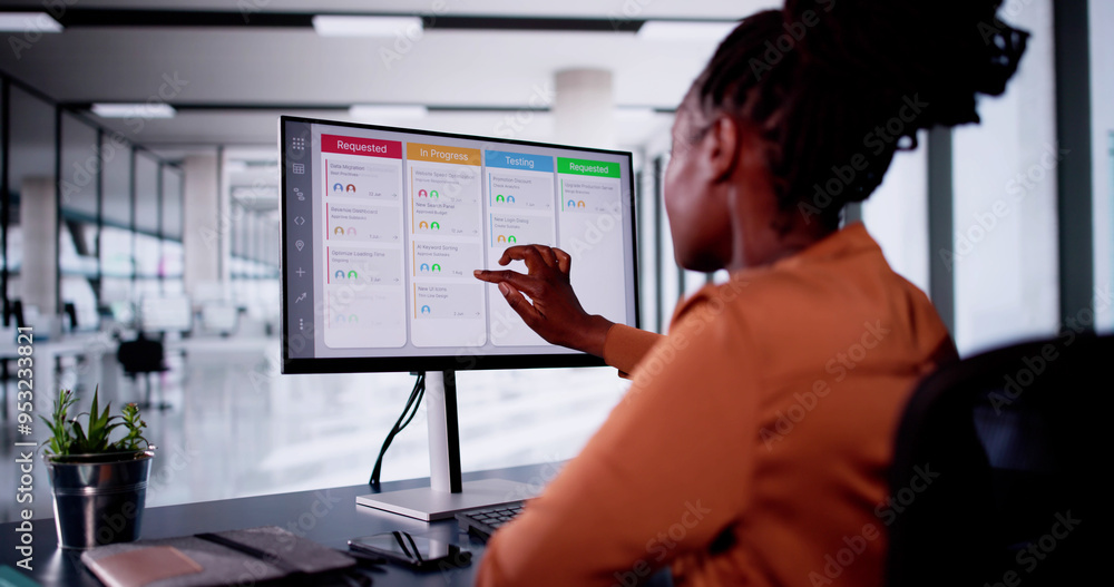 Poster kanban project management software on laptop. digital calendar schedule