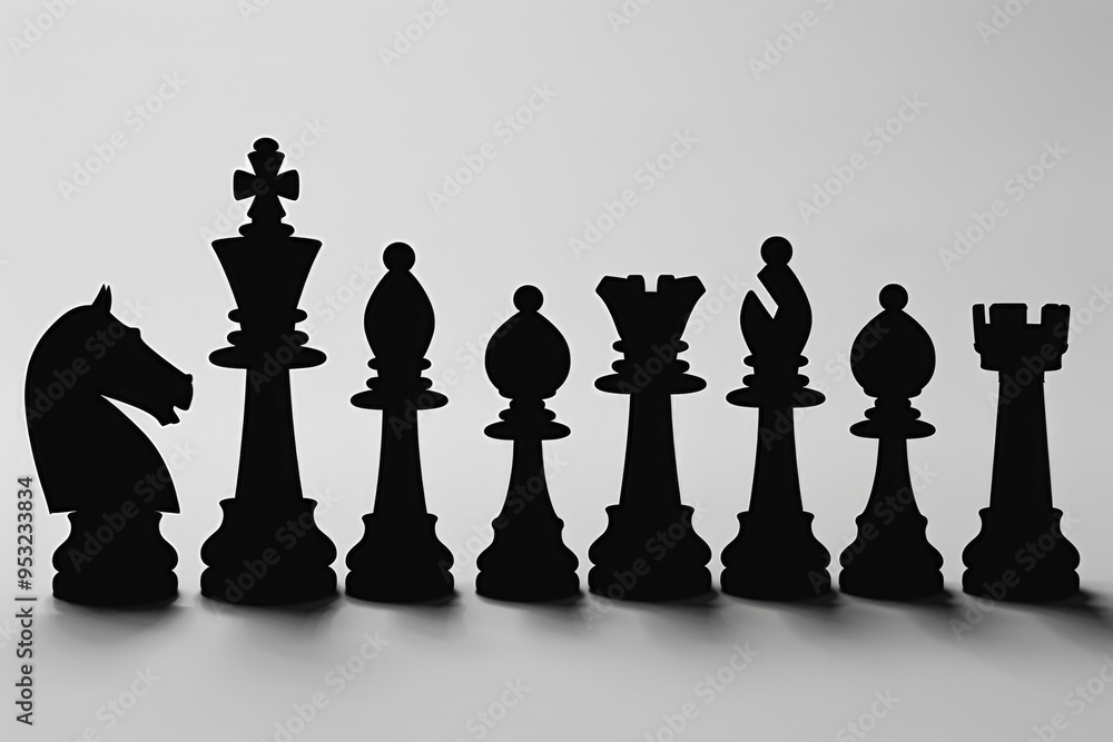 Poster a group of chess pieces arranged on a table, useful for illustrating a game or strategy session