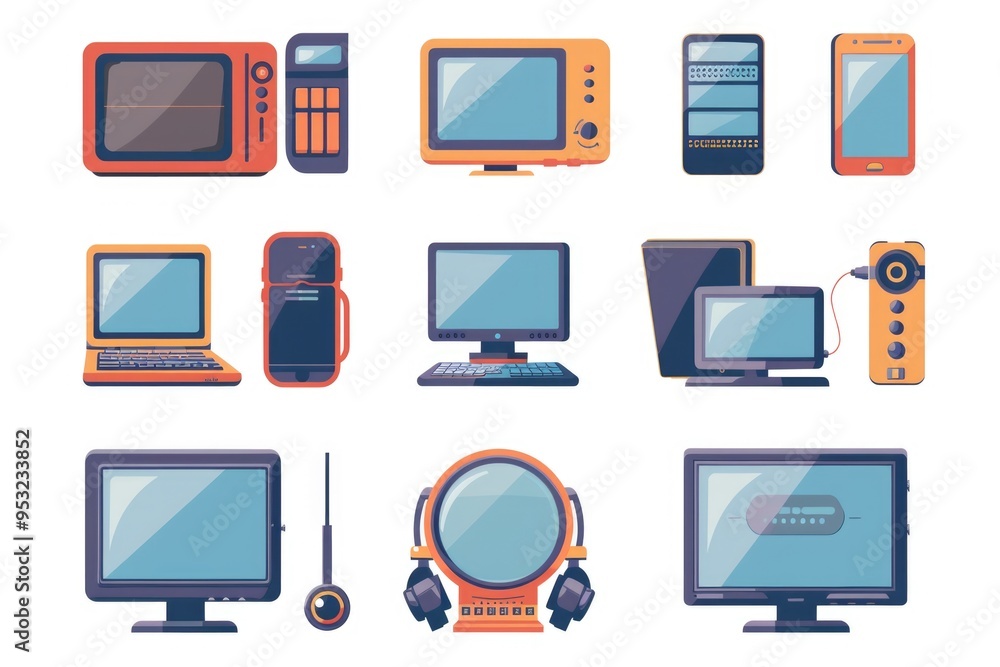 Poster a collection of modern electronics on a table or shelf