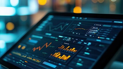 A close-up of a financial dashboard on a tablet, featuring real-time currency exchange rates, stock performance, and interactive charts.