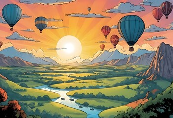 Obraz premium Colorful hot air balloons soaring over a stunning landscape at sunset in a picturesque valley