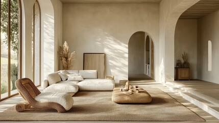 Minimalist Boho Living Room with Natural Light and Modern Furniture in Neutral Tones