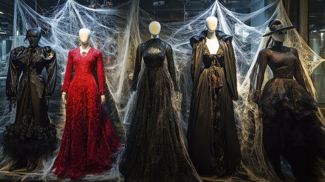 Elegant Gothic Mannequin Display with Victorian Dresses and Spider Webs for Halloween