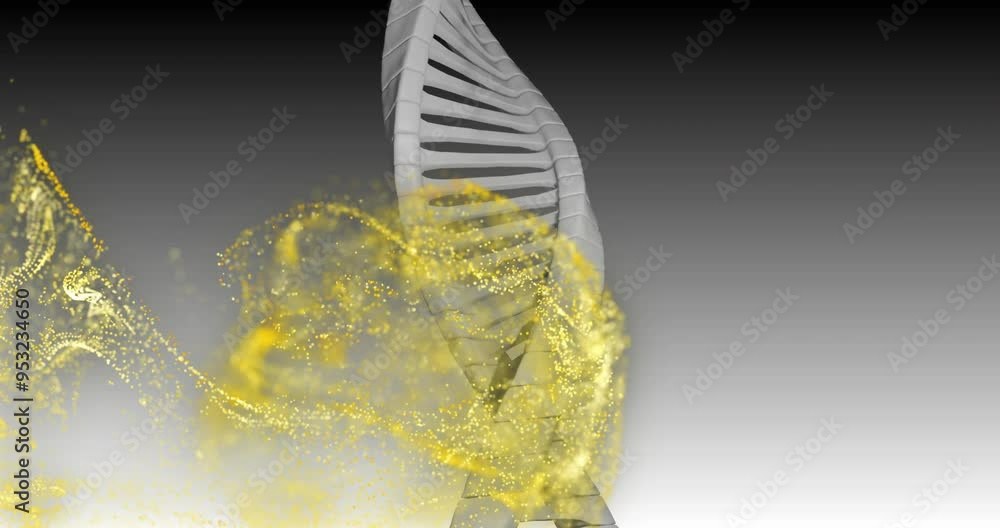 Poster dna strand with yellow particles, scientific data processing animation