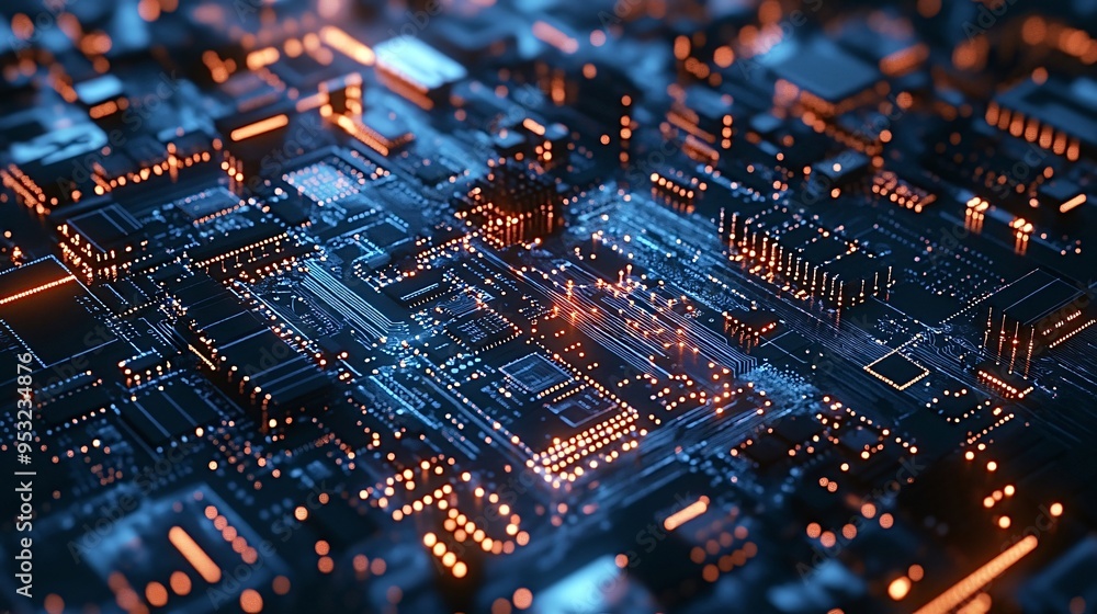 Poster close-up view of a complex electronic circuit board with glowing orange lights, representing data pr