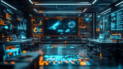 Futuristic Tech Office with Data Visualization Screens