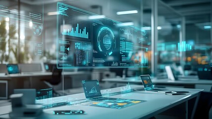 Futuristic Tech Office with Holographic Data Display