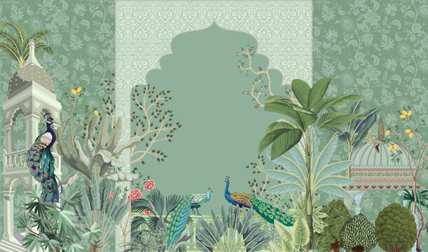 Mughal decorative garden with peacock frame for wedding invitation card. Mughal arch, Seamless background.