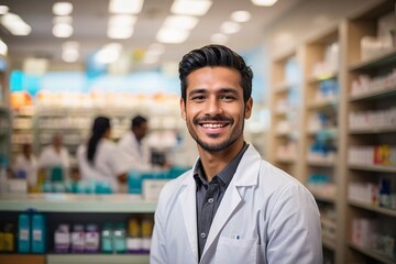 Fototapeta premium Happy and smiling Pharmacist standing at the medicine counter.