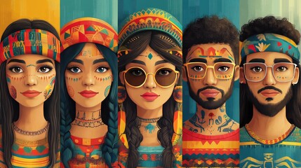 Obraz premium Vibrant Portraits of Diverse Young Adults in Traditional and Modern Artistic Attire