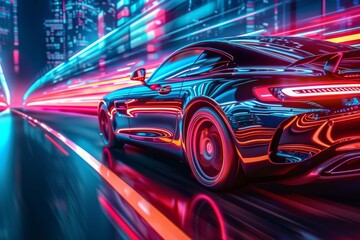 Race AI automobile in cyberpunk downtown on a futuristic floating track in cyberspace