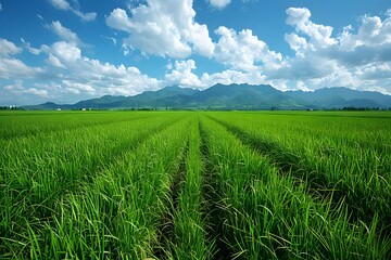 Obraz premium Lush Green Rice Field Under Blue Sky with Majestic Mountain Range - Perfect for Nature and Agriculture-themed Designs