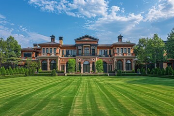 Elegant Large Villa with Green Lawns and European Architecture, Wide-Angle View in Northern China with Blue Sky Background
