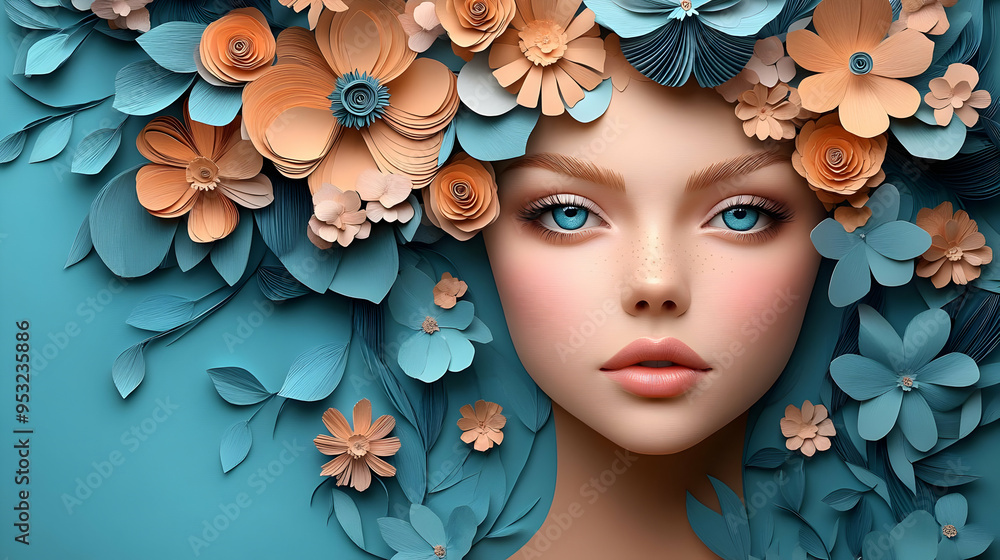 Canvas Prints A woman with blue eyes and freckles surrounded by paper flowers.