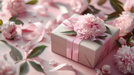 Birthday gift box with peonies and a festive ribbon, minimalistic style