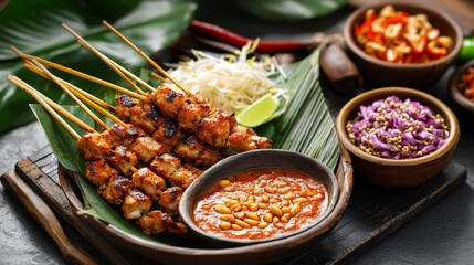 Obraz premium Delicious skewers of grilled meat served with peanut sauce and fresh vegetables in a vibrant dining setting