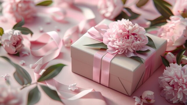 Birthday gift box with peonies and a festive ribbon, minimalistic style